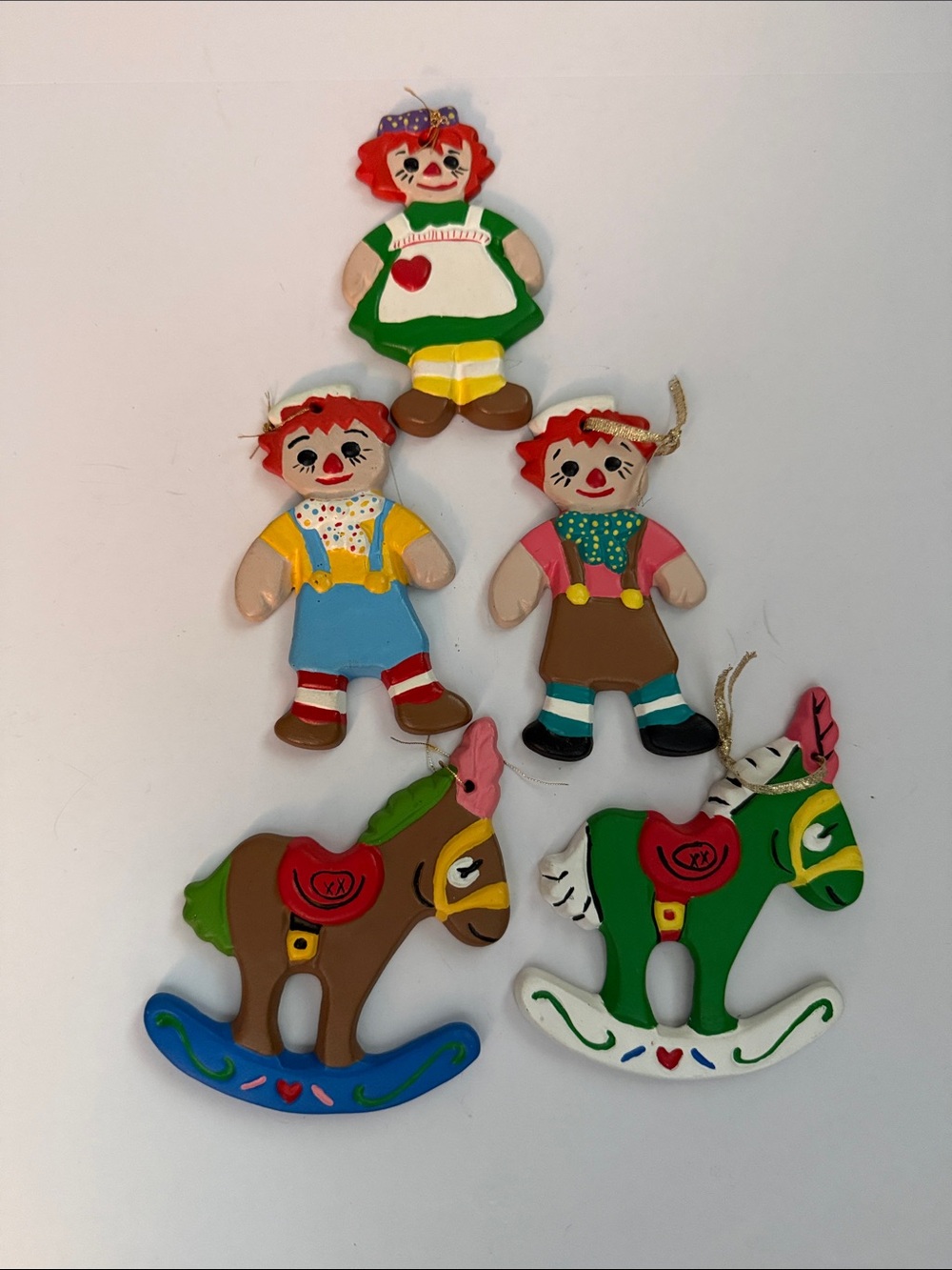 Vintage Hand Painted Raggedy Ann & Raggedy Andy & Rocking Horses ornaments 1974